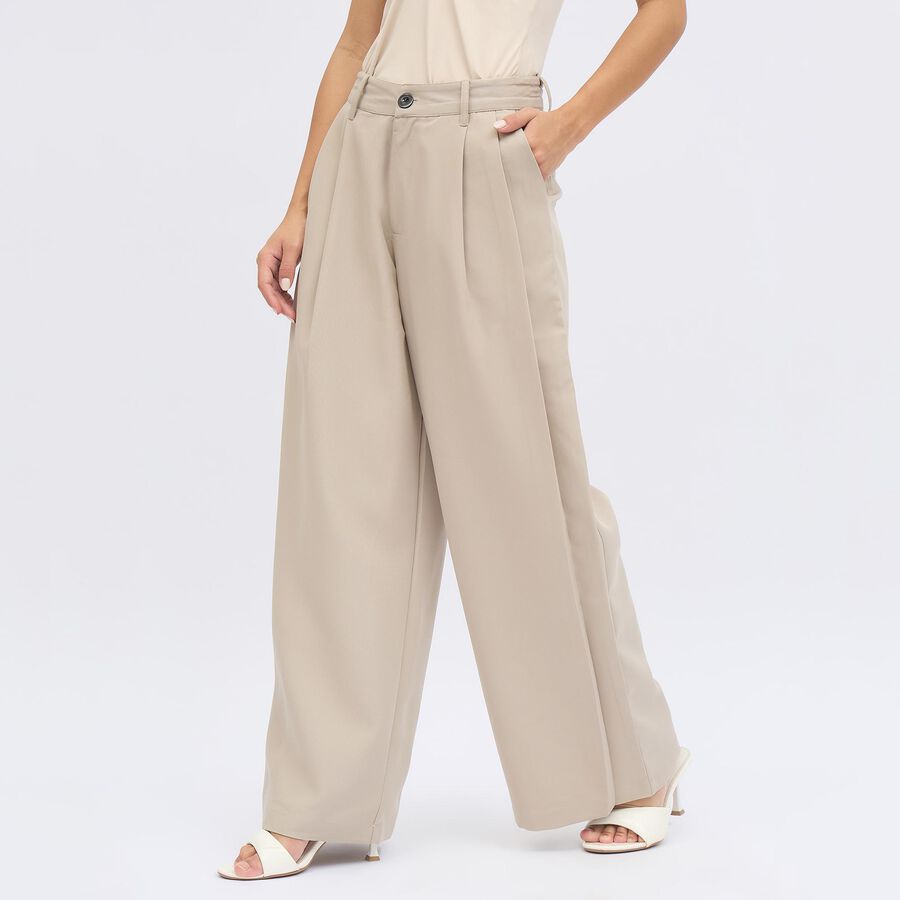 Women's Light Beige Flared High-Rise Trousers, Light Grey, large image number null