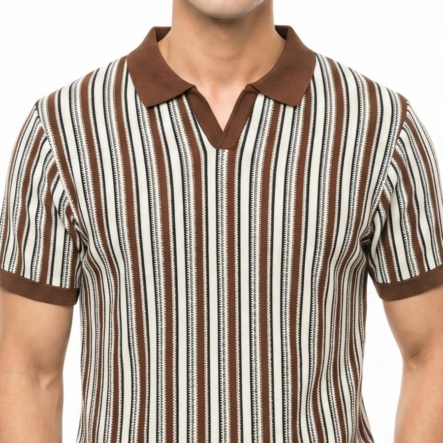 Men's Brown Polo Neck Striped T-Shirt, भूरा, large