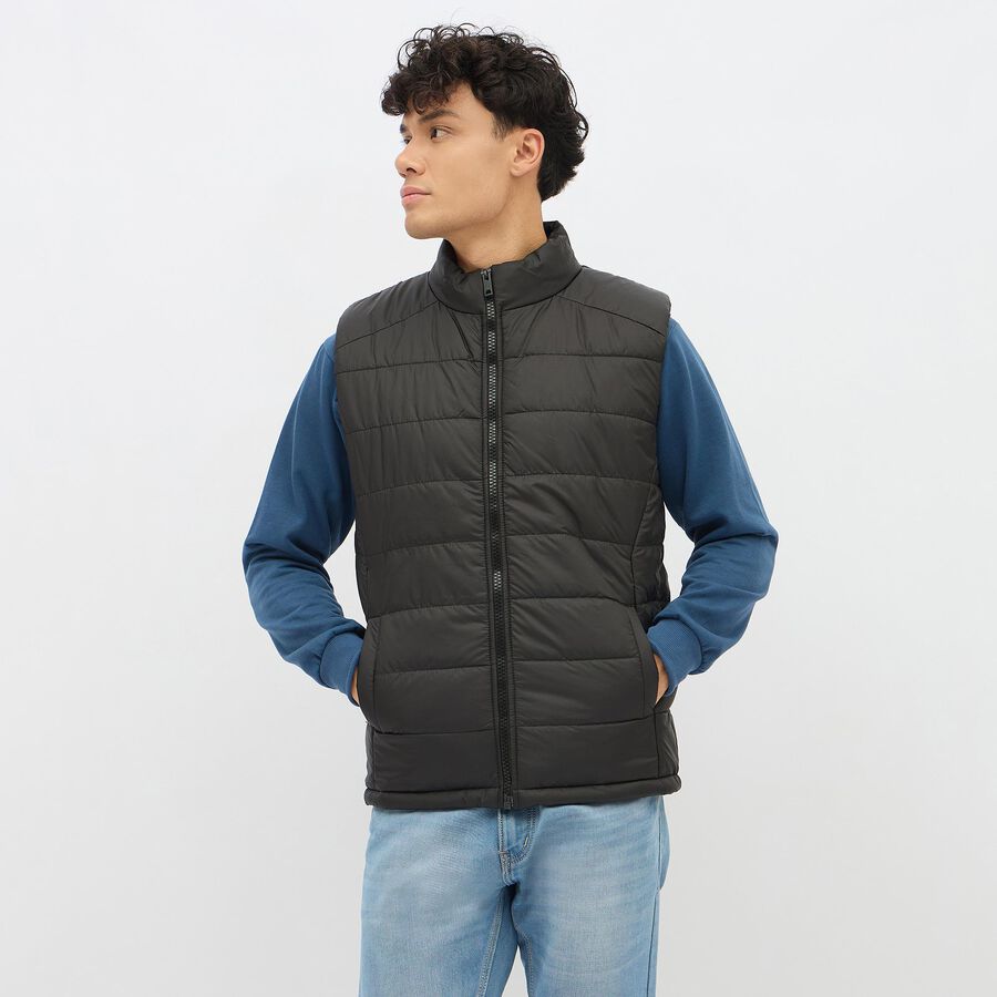 Men's Jet Black High Neck Sleeveless Jacket, Black, large image number null