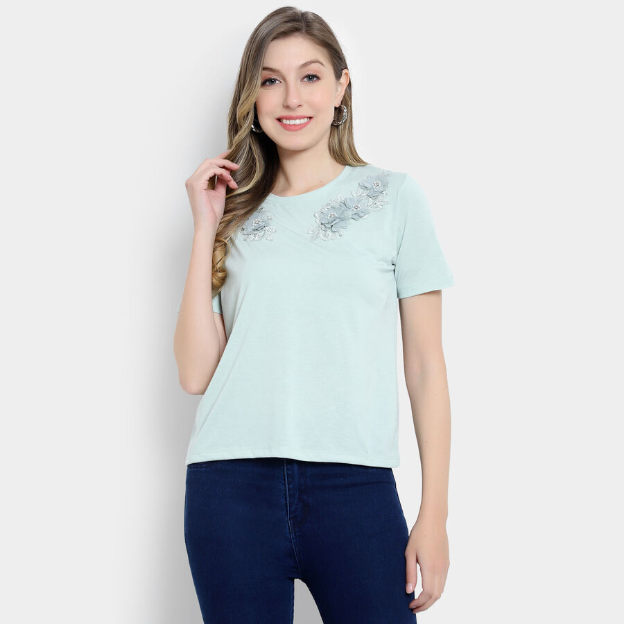 Embellished Round Neck T-Shirt, Light Green, large image number null