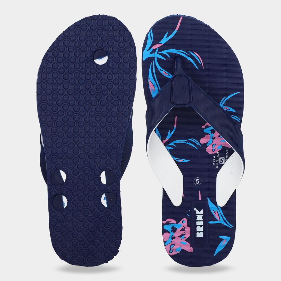 Women's Navy Blue Floral Print Flip-Flops, गहरा नीला, large