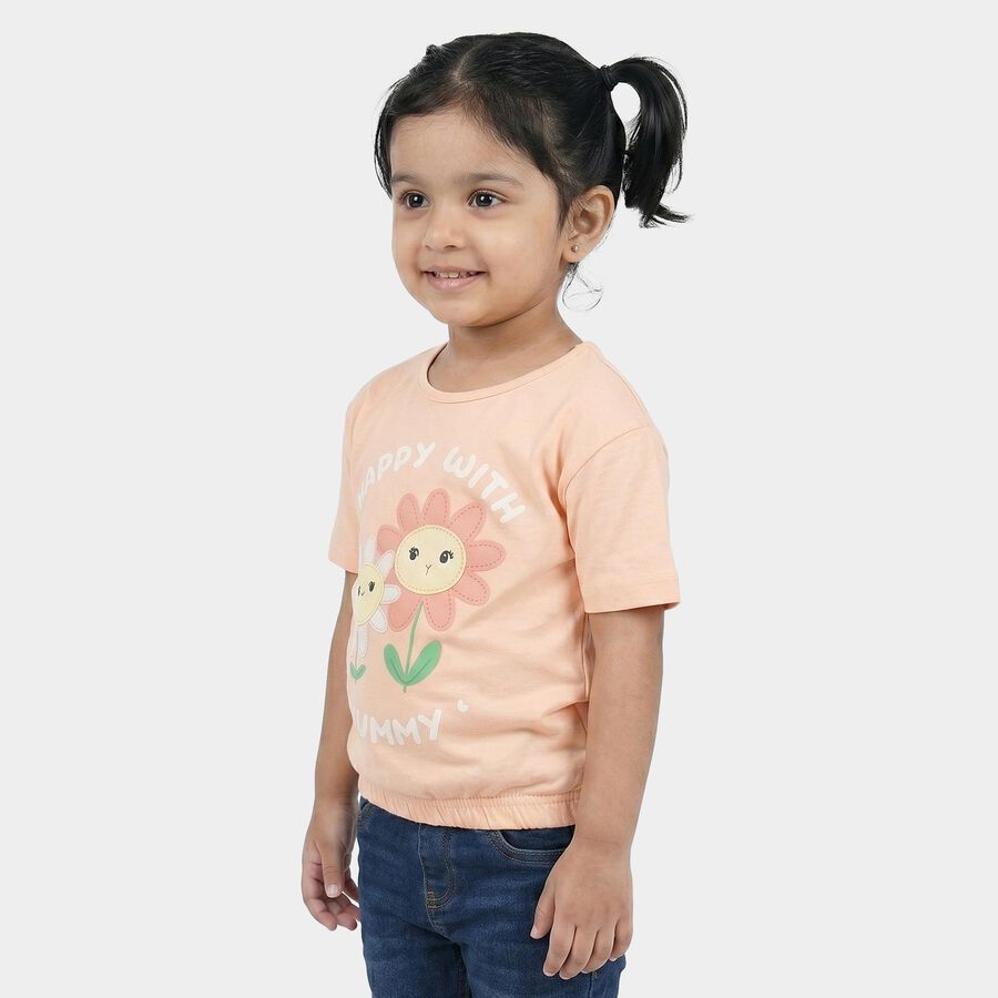 Girls Peach Cotton Round Neck Regular T-Shirt, Peach, large