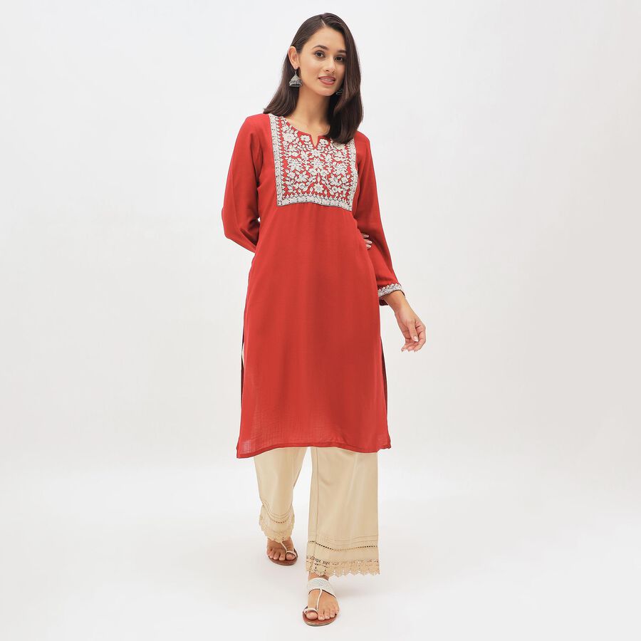Women's Deep Maroon Keyhole Neck Embroidered Kurta, मरून, large image number null