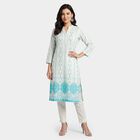 Women's Turquoise Band Collar Floral Printed Straight Kurta, Aqua, small