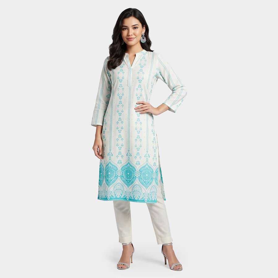 Women's Turquoise Band Collar Floral Printed Straight Kurta, Aqua, large