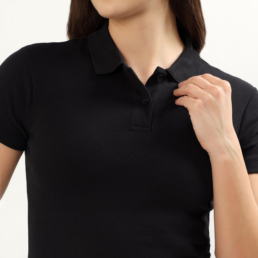 Women's Deep Jet Black Cotton Blend Polo Collar Preppy Polo T-Shirt, काला, large