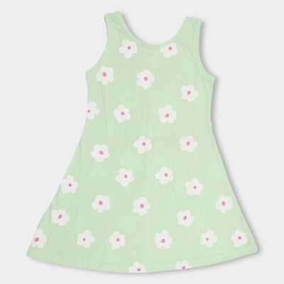 Girls' Light Mint Green Sleeveless A-Line Floral Printed Frock