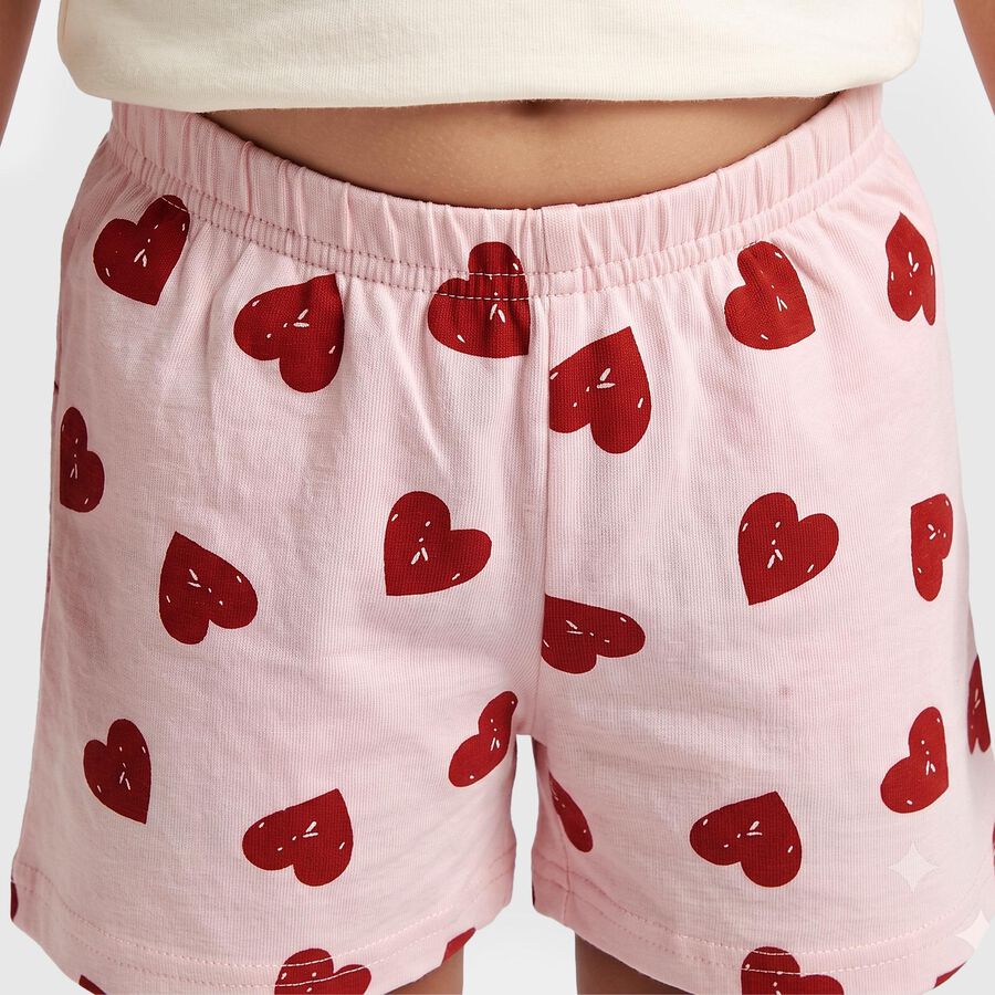 Girls Pink Regular Fit Heart Print Shorts, हल्का गुलाबी, large