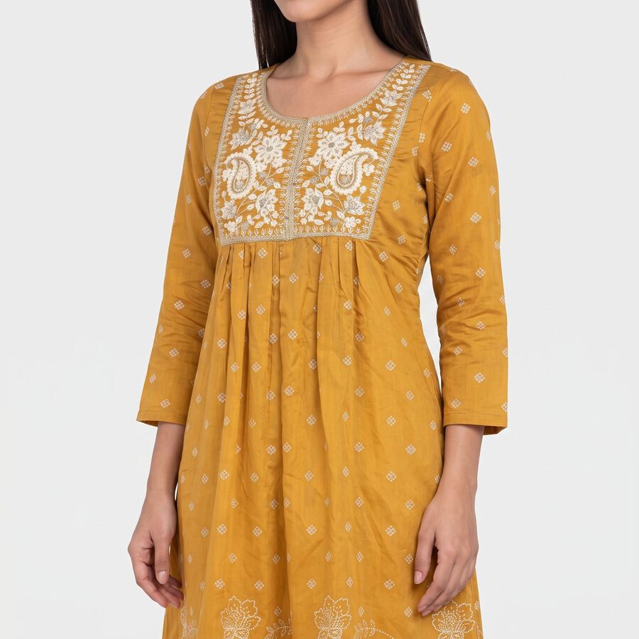 Women's Mustard Round Neck Embroidered Kurta, Mustard, large