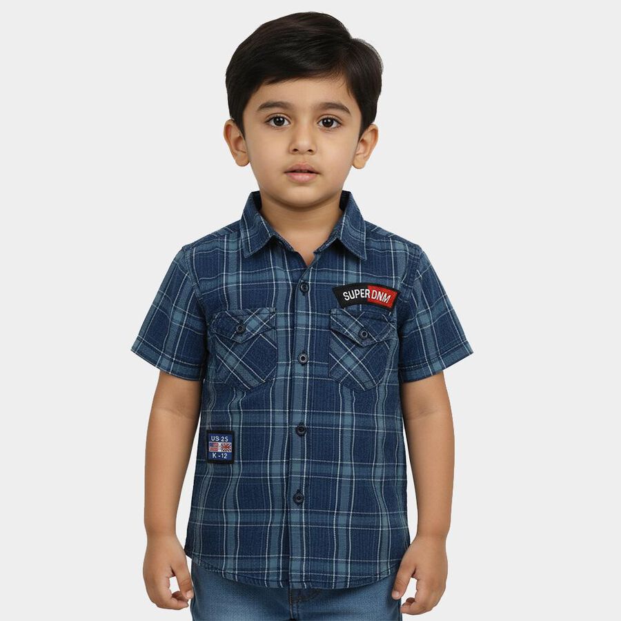 Boys Navy Blue Cotton Half Sleeve Collared Casual Shirt, Navy Blue, large