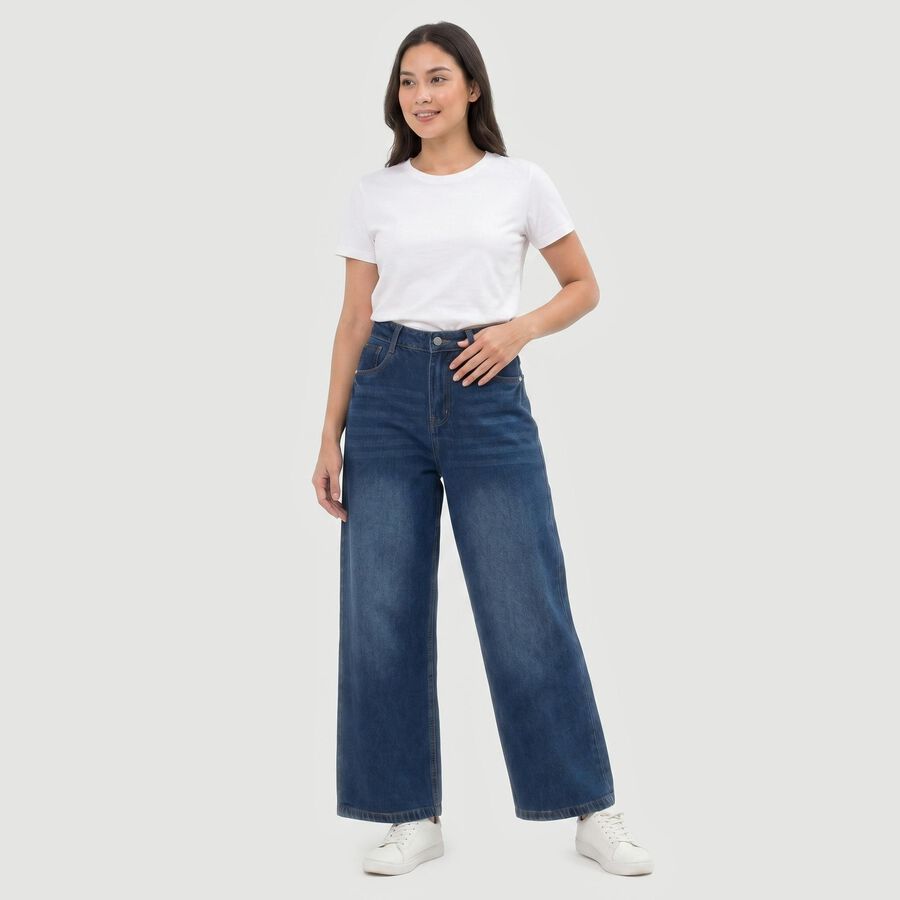 Women's Blue Wide Leg Fit Washed Jeans, Mid Blue, large