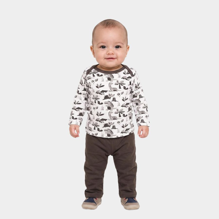 Infants' Charcoal 100% Cotton Round Neck Dinosaur Printed Baba Suit, चारकोल, large