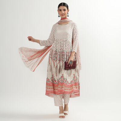 Women's White Floral Printed Ethnic Set