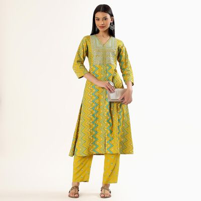 Women's Bright Mustard Yellow Embroidered Chevron Ethnic Set