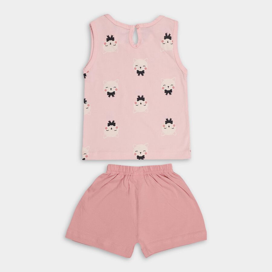 Girls' Soft Pink Cotton Sleeveless Printed Top and Shorts Set, Light Pink, large image number null