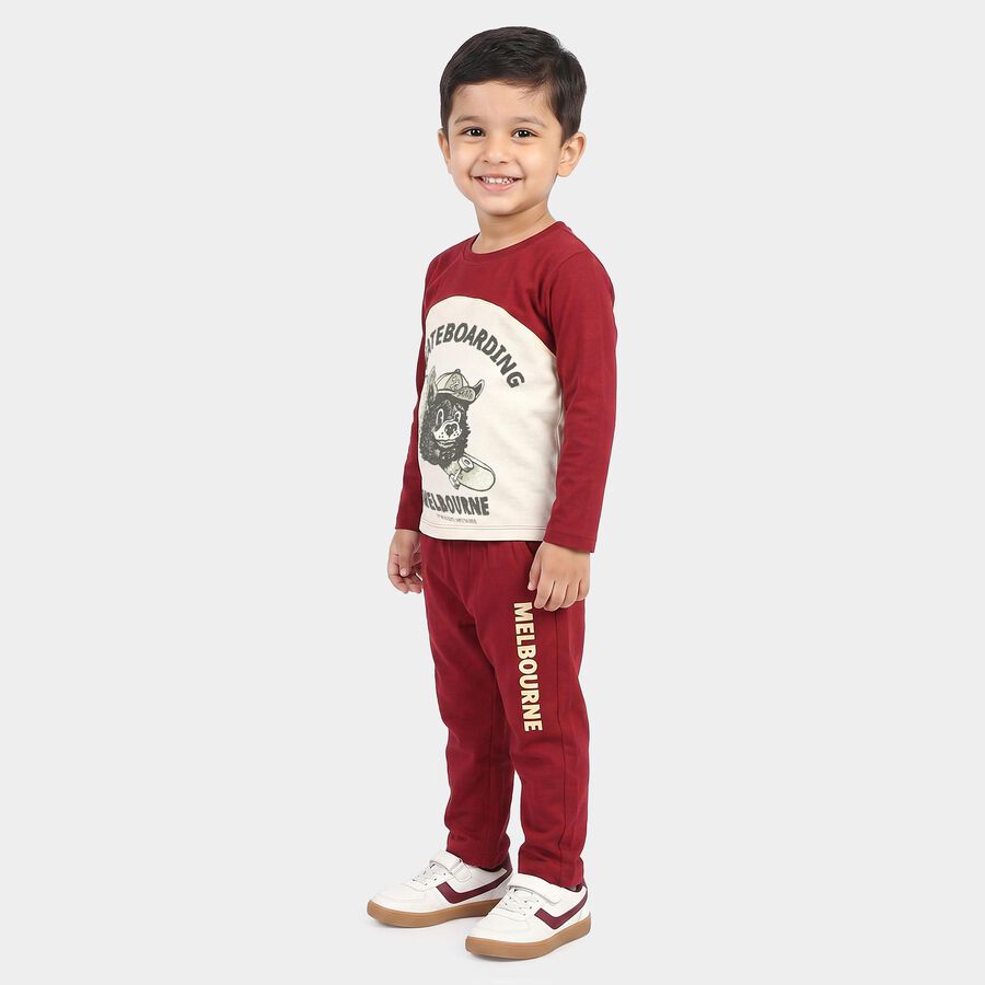 Boys' Red 100% Cotton Round Neck Graphic Print Baba Suit, Red, large