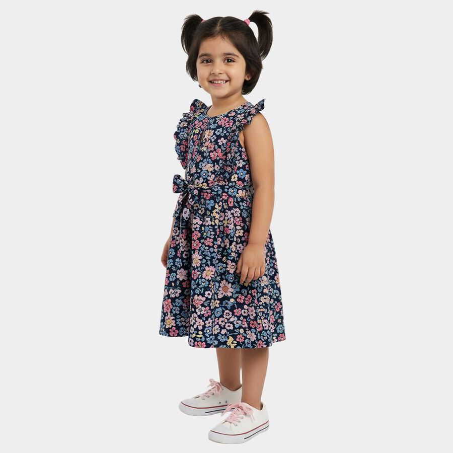 Girls' Navy Blue Floral Printed Sleeveless Frock, नेवी ब्लू, large