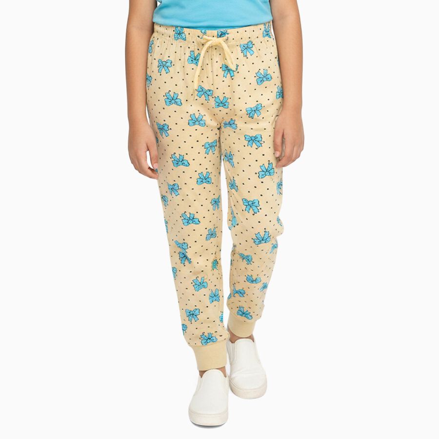 Girls' Beige Bow Print Cotton Blend Pyjama, ऑफ व्हाइट, large image number null