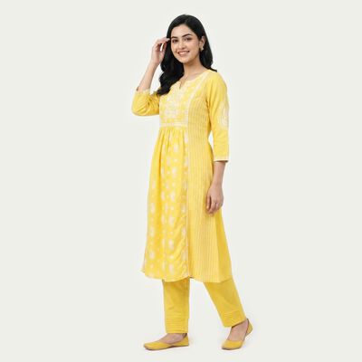 Women's Yellow Embroidered Ethnic Set