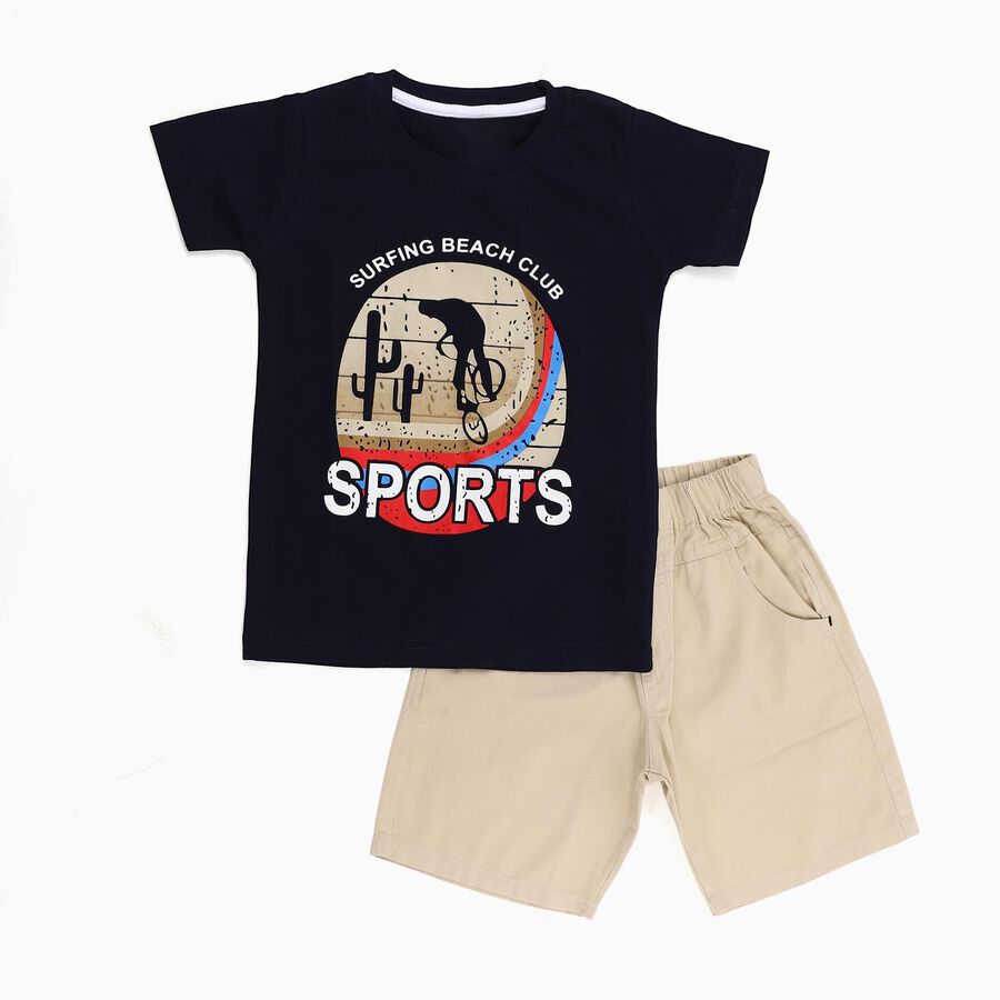 Boys' Navy Cotton Round Neck Graphic Baba Suit, Navy Blue, large image number null