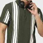 Men Olive Green Polo Neck Striped Polo T-Shirt, Olive, small