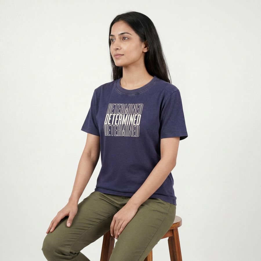 Women's Navy Blue Round Neck Casual T-Shirt, Navy Blue, large