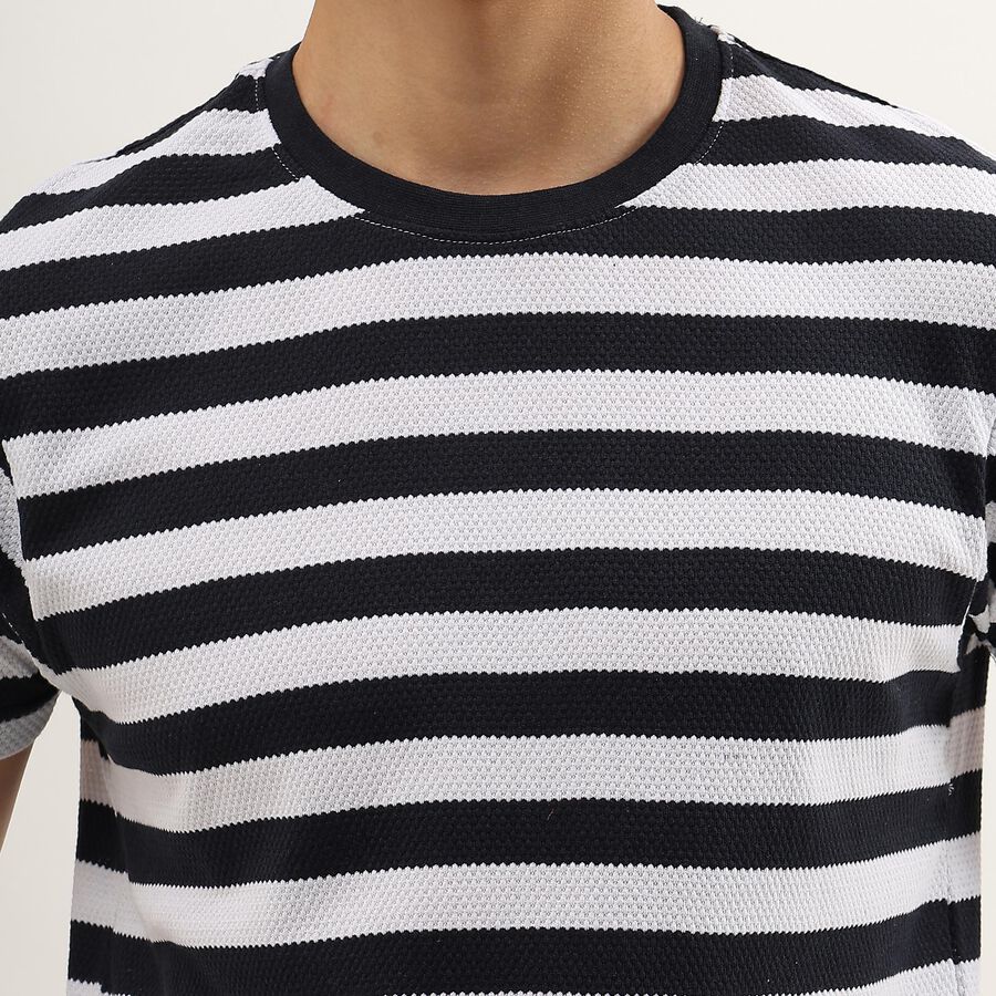 Men's Navy and White Round Neck Striped T-Shirt, Navy Blue, large image number null
