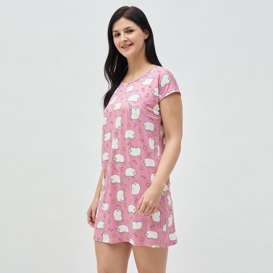Women's Pink Round Neck Casual Nighty, गुलाबी, large