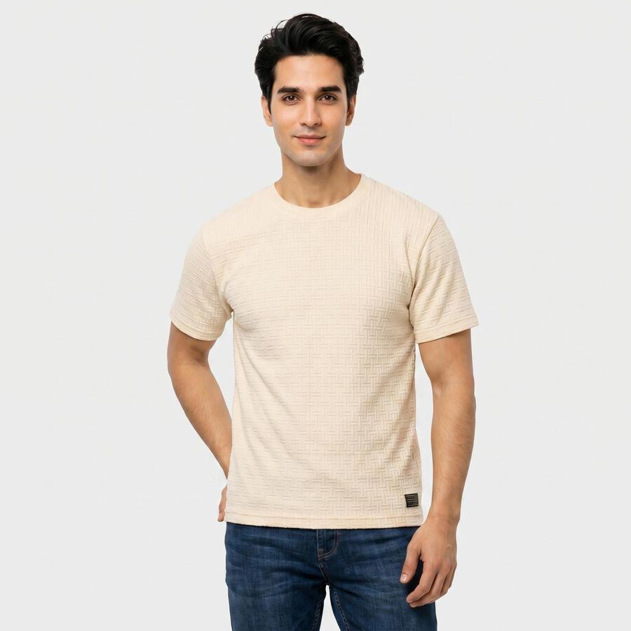 Men's Grey Round Neck Regular T-Shirt, Ecru Melange, large