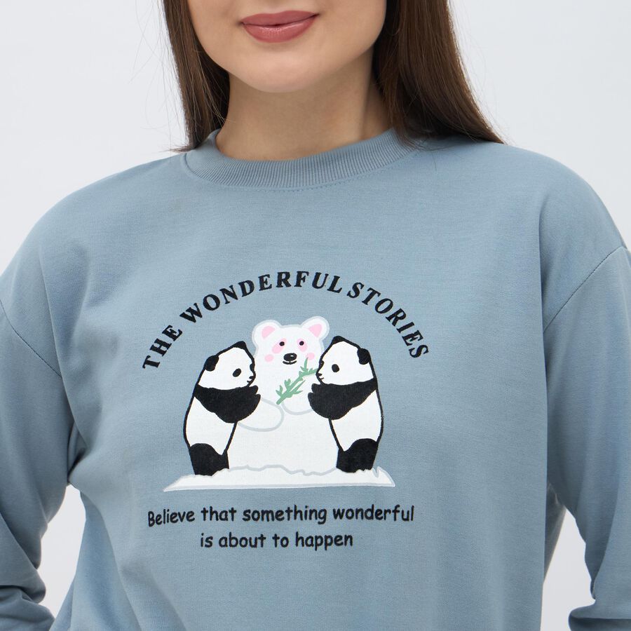 Women's Muted Steel Blue Crew Neck Casual Sweatshirt, Mid Blue, large image number null