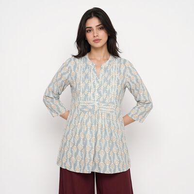 Women's Light Blue Notch Neck Floral Printed Kurti