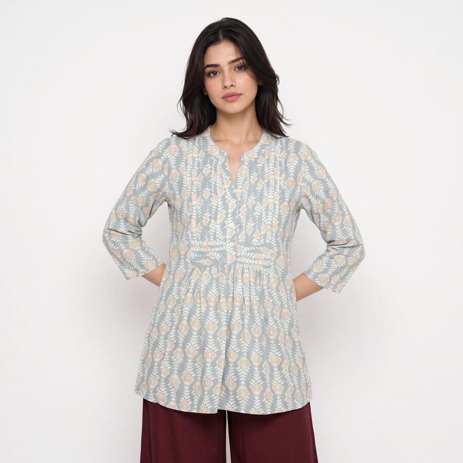 Women's Light Blue Notch Neck Floral Printed Kurti, Light Blue, large