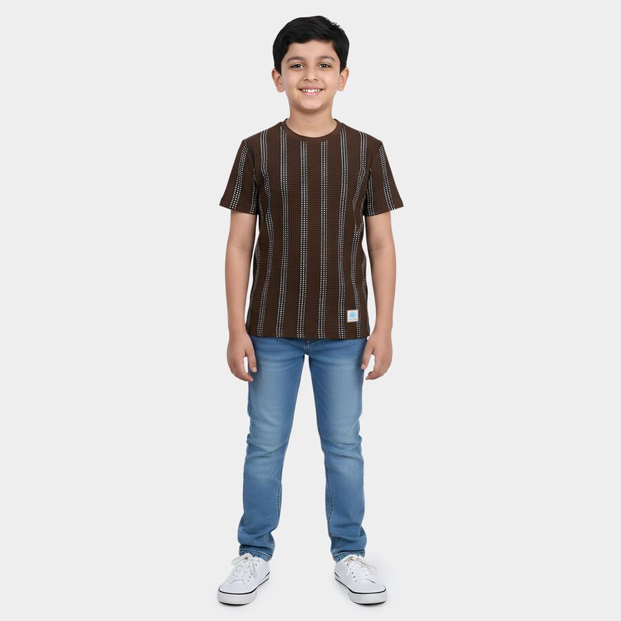 Boys Brown Round Neck Striped Boys T-Shirt, Brown, large