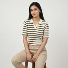 Women's Navy Blue Polo Neck Striped Crop Top, नेवी ब्लू, small