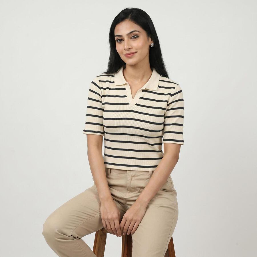 Women's Navy Blue Polo Neck Striped Crop Top, नेवी ब्लू, large