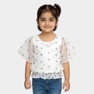 Girls Bright Snow White Round Neck Romantic T-Shirt