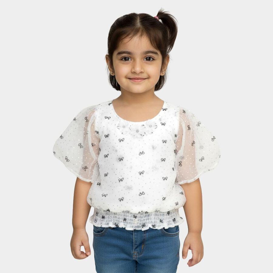 Girls Bright Snow White Round Neck Romantic T-Shirt, White, large image number null