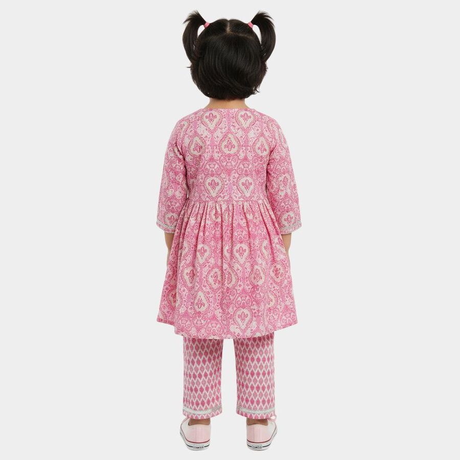 Girls' Pink Embroidered Kurta and Pant Fusion Set, Pink, large