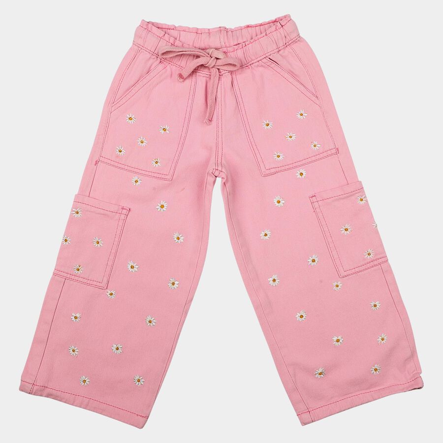 Girls Pink Cargo Fit Embroidered Jeans, हल्का गुलाबी, large
