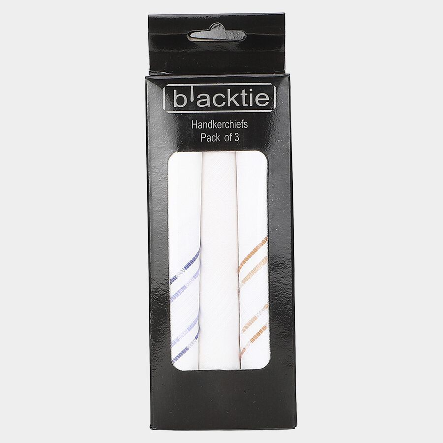 Men's White Striped Pack of 3 Handkerchief, White, large