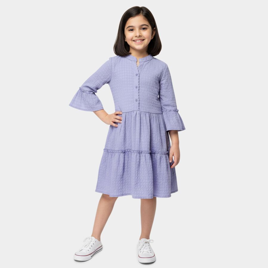 Girls' Purple Round Neck Tiered Dress, Purple, large