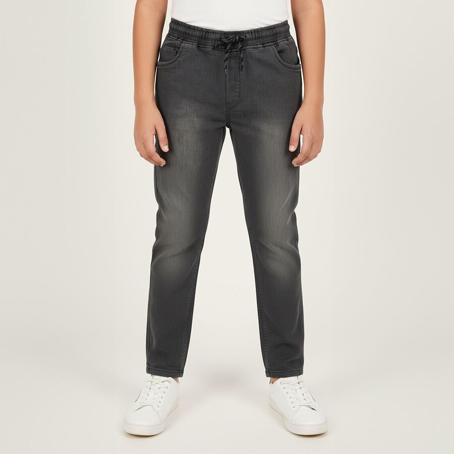 Boys' Charcoal Black Slim Fit Elastic Waist Jeans, हल्का ग्रे, large image number null