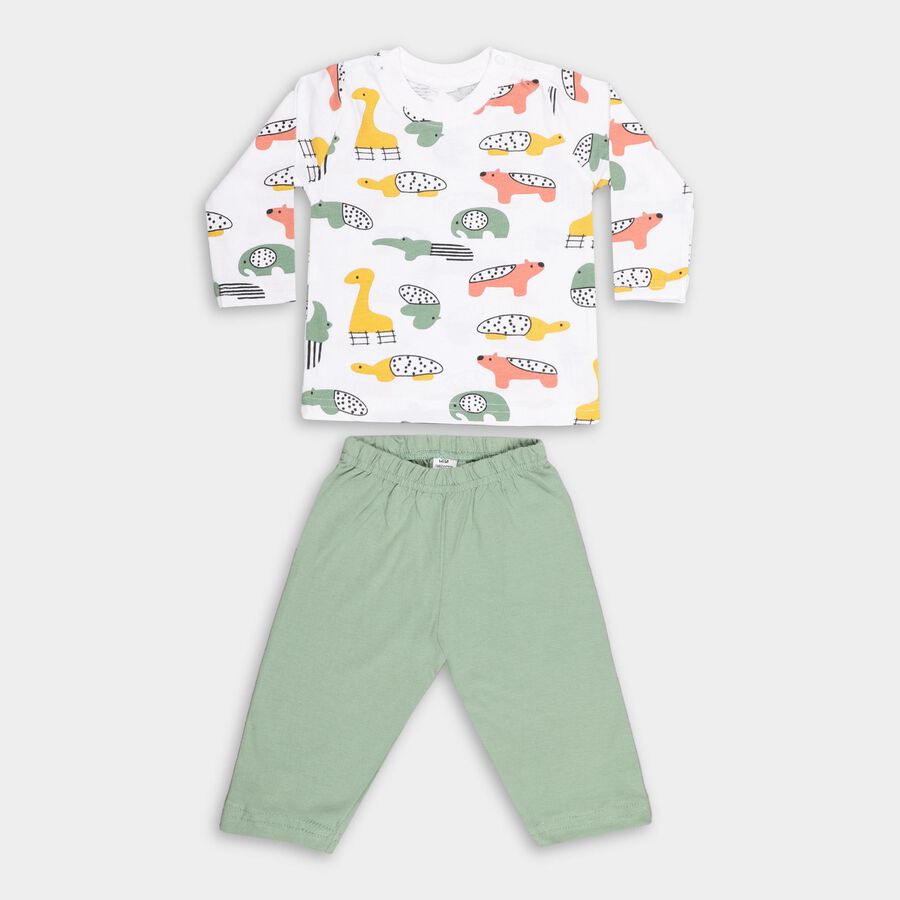 Infants' Olive Cotton Round Neck Animal Printed Baba Suit, Olive, large image number null
