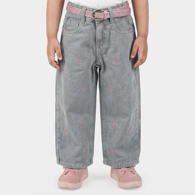Girls' Grey Straight Fit Embroidered Jeans