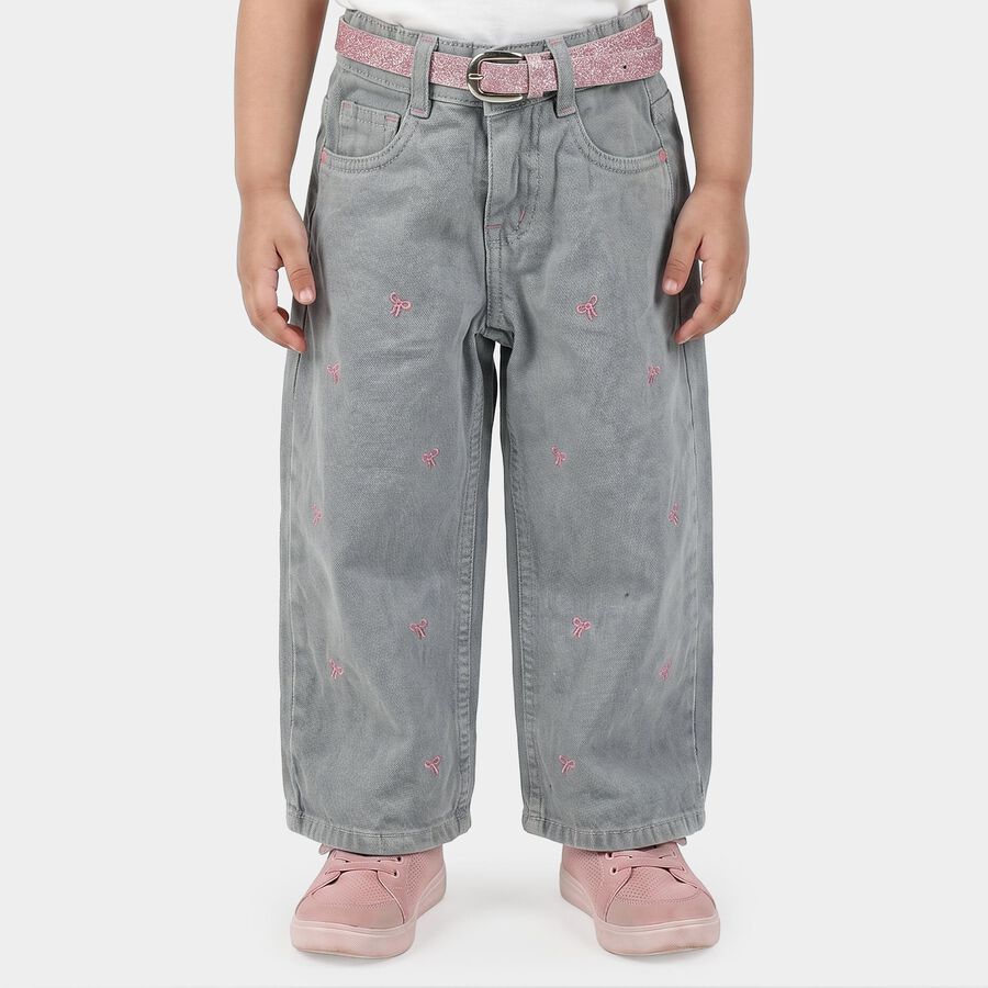 Girls' Grey Straight Fit Embroidered Jeans, Light Grey, large