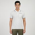 Men's White Cotton Polo Neck Geometric Polo T-Shirt, सफ़ेद, small
