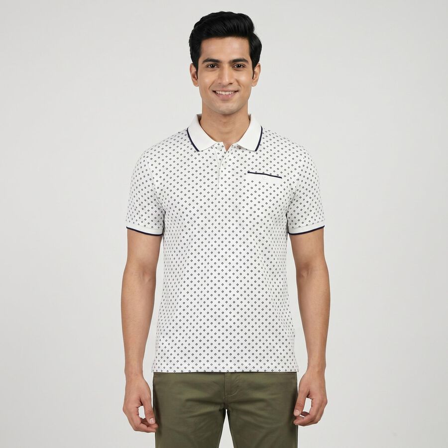 Men's White Cotton Polo Neck Geometric Polo T-Shirt, सफ़ेद, large