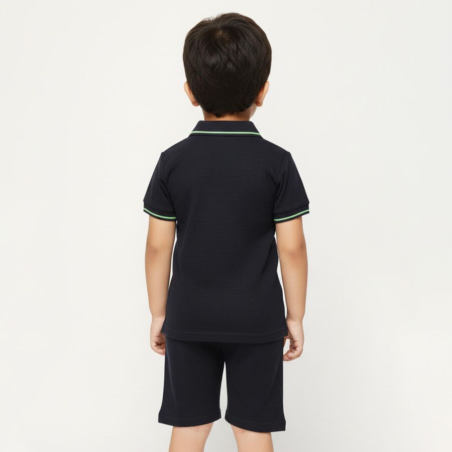 Boys' Navy Cotton Blend Polo Neck Textured Baba Suit, नेवी ब्लू, large image number null