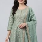 Women's Dark Green V-Neck Metallic Textured Kurta, गहरा हरा, small