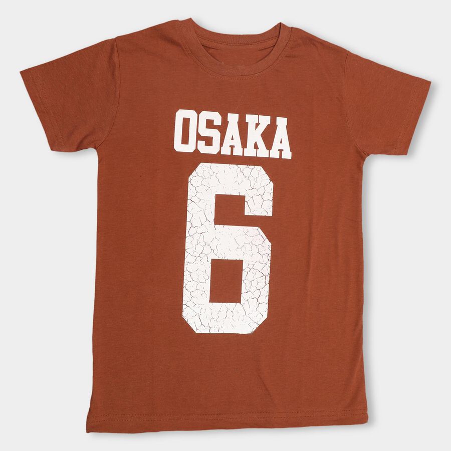 Boys' Rich Brown Round Neck Printed T-Shirt, भूरा, large image number null